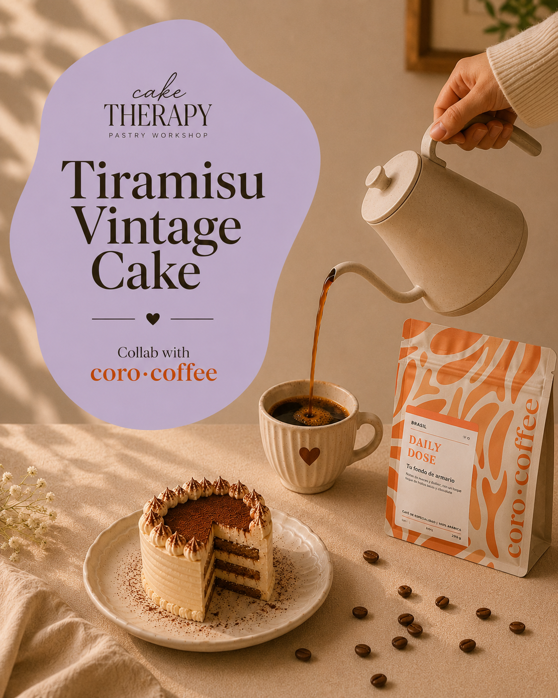 Taller Cake Therapy x coro.coffee de decoración de Vintage Tiramisu Cake en Barcelona
